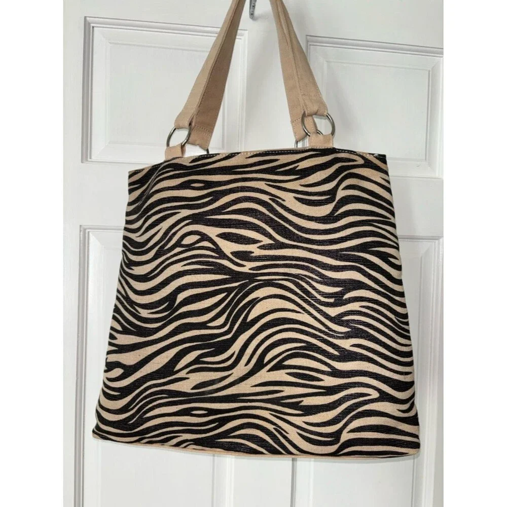 Zebra Striped Cotton Tote Black and Tan